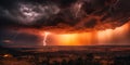 Breathtaking view of thunderstorm at sunset with bolts of lightning crackle through the air. AI generated. Royalty Free Stock Photo