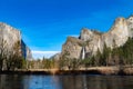 Breathtaking view of Yosemite valley on blue sky background in California