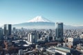 A breathtaking vista capturing the citys skyline against the backdrop of a magnificent mountain, Tokyo Shinjuku building and Mt,