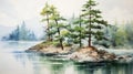 Karst Sketch: Beautiful Fjord Water Forest Lake Shore Watercolour Painting