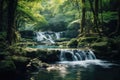 A breathtaking waterfall flows gracefully in the heart of a verdant forest, creating a scenic and serene oasis, A tranquil