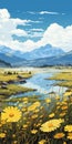 Transcendent Wetland Landscape With Yellow Flowers And Mountains