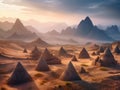 Pastel mountain landscape with golden pyramids