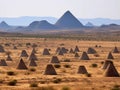 Pastel mountain landscape with golden pyramids