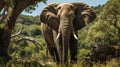 Bold And Dynamic: Large Elephant Under Tree In Grass