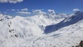 Breathtaking winter mountain landscape, Alps in France. Snow mountain landscape and blue sky