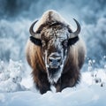 Breathtaking winter scene snowy bison on a tranquil snowy backdrop