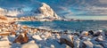 Breathtaking winter scene of southernmost of Lofoten islands town named - `A`, Norway, Europe.
