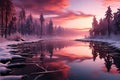 A breathtaking winter sunset casting fiery red and orange hues over a snow-covered forest and its reflective lake, with silhouette Royalty Free Stock Photo