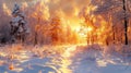 Tranquil winter forest blanketed in pristine snow, bathed in the warm glow of an ethereal sunset