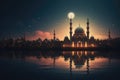 A breathtakingly beautiful view of a mosque, radiating a warm glow against the night sky, Illustration of a mosque with a moon and Royalty Free Stock Photo