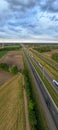 Brecht, Belgium, 16th of may, 2022, Panoramic aerial drone view of wind farm or wind park, with high wind turbines for