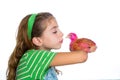 Breeder hens kid girl rancher farmer kissing a chicken chick Royalty Free Stock Photo