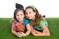 Breeder hens kid sister farmer girls having fun with chicken chi Royalty Free Stock Photo