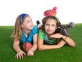 Breeder hens kid sister farmer girls having fun with chicken chi Royalty Free Stock Photo