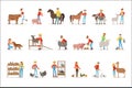 Breeding animals farmland. Farm profession worker people breeding livestock. Set of colorful cartoon detailed vector