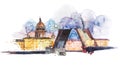 Breeding bridges in St. Petersburg Russia. Watercolor illustration.