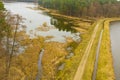 Breeding ponds in the forest. Causeway. View from the drone. Royalty Free Stock Photo