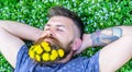Breeziness concept. Bearded man with dandelion flowers in beard lay on meadow, grass background. Guy with dandelions in Royalty Free Stock Photo