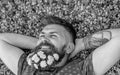 Breeziness concept. Guy with dandelions in beard relaxing, top view. Bearded man with dandelion flowers in beard lay on Royalty Free Stock Photo