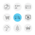 breifcase , drill machine , card , cart , truck , online shopping, umbrella , tree , grass, eps icons set vector