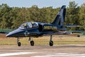 Breitling Jet Team Aero L-39 Albatros plane taxiing after landing on Kleine Brogel Airbase. Belgium - September 14, 2019 Royalty Free Stock Photo