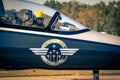 Breitling Jet Team Aero L-39 Albatros plane taxiing after landing on Kleine Brogel Airbase. Belgium - September 14, 2019 Royalty Free Stock Photo