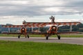 Breitling Wing walkers barnstorming flying display in vintage Boeing Stearman biplanes Royalty Free Stock Photo