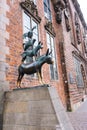 Bremen, Germany - 06/13/2019: famous sculpture of Bremen musicians. Bronze monument of fairytale animals. Grimm brothers heritage.