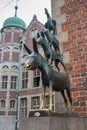 Bremen, Germany - 06/13/2019: famous sculpture of Bremen musicians. Bronze monument of fairytale animals. Grimm brothers heritage.