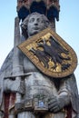 Bremen, Germany - 06/13/2019: famous sculpture of Roland on Bremen market square. Medieval statue with sword and shield. Royalty Free Stock Photo
