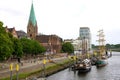 BREMEN, GERMANY - JULY, 7 2022: Bremen cityscape with the River Weser and St. Martin tower church on the background