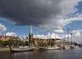Bremen, Germany - July 10th, 2018 - Riverside view of the Schlachte promenade and the sailing ship