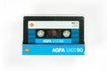 BREMEN, GERMANY - MAY 29, 2019: Sealed audio compact cassette AGFA Ferro LNX 90 blue. Rare viantage audio cassette, back close up