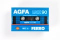 BREMEN, GERMANY - MAY 29, 2019: Sealed audio compact cassette AGFA Ferro LNX 90 blue. Rare viantage audio cassette, front close up