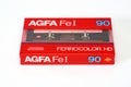 BREMEN, GERMANY - MAY 29, 2019: Sealed audio compact cassette AGFA Ferrocolor HD FeI 90 red. Rare viantage audio cassette, front