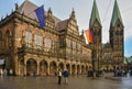 Bremen,Germany, 19 November 2017. The Central part of the city of Bremen in rainy weather. Town hall with flags of the European