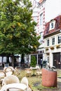 Empty outdoor cafe in Bremen city in rain