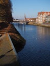 Bremen, Germany - View of the Werdersee lake and the historic brick buildings on the Teerhof peninsula towards the river Weser
