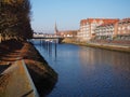 Bremen, Germany - View of the Werdersee lake and the historic brick buildings on the Teerhof peninsula towards the river Weser