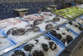 Brena Alta, La Palma, Canary Islands, Spain, December 21, 2019: Fresh chilled various seafood, fish and mussel lies on