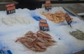 Brena Alta, La Palma, Canary Islands, Spain, December 21, 2019: Fresh prawn and shrimps lies on ice. Shop window with