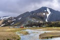 Brennisteinsalda camping area in Landmannalaugar region of Fridland ad Fjallabaki Natural park in Highlands of Iceland. Flow of