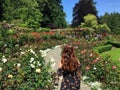 A woman and other visitors walking around admiring a beautiful rose garden at Butchart Gardens