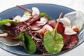 Bresaola, thinly sliced with lettuce italiana cured salted beef in a plate with sauce and beetroot leaves close-up Royalty Free Stock Photo