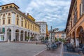 BRESCIA, ITALY, JULY 15, 2019: People are strolling on Piazza del Mercato in Brescia, Italy