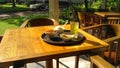 Breskfast on Dining table under warm morning light