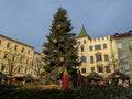 BRESSANONE, ITALY - DECEMBER 31, 2022: View of typical Bressanone Christmas market in the morning. Trentino Alto Adige Royalty Free Stock Photo