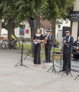 Brest, Belarus - 08.25.2023 - Jazz street band performing for public. Entertainment