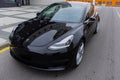 Brest, Belarus, March 03, 2021: Exterior Tesla Model 3 car was photographed in Brest, Belarus. Black modern electro car on the